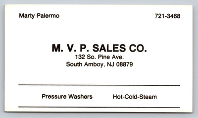 #ad 1970s 1980s Business Card M.V.P. Sales Company Pressure Washers South Amboy NJ $7.99