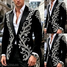 Velvet Men Suit Rhinestone Floral Slim Fit Peak Lapel Wedding Prom Dinner Blazer