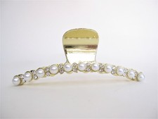Long large gold metal crystal and pearl hair claw clip