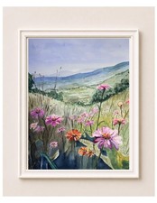 Watercolor Wildflower Meadow Print, Vibrant Floral Landscape Wall Art