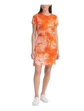 CALVIN KLEIN Womens Orange Short Sleeve Above The Knee Blouson Dress 4