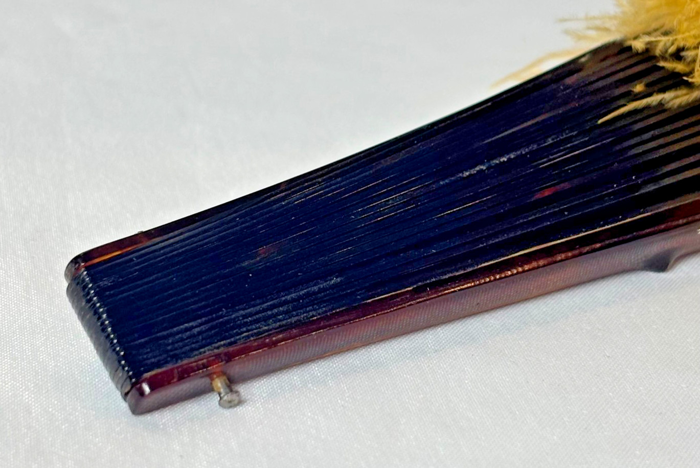 Antique Ostrich Feather Fan Dyed Yellow Shell Shaped Faux Tortoiseshell Sticks