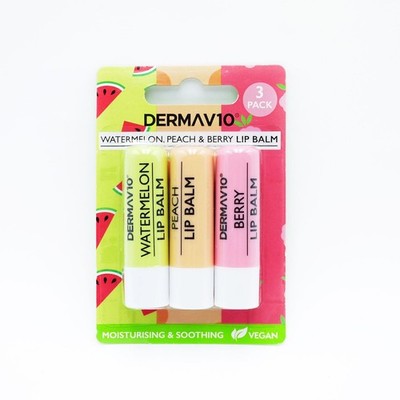 Derma V10 Trio Moisturising Lip Balms - 3 Pack (Watermelon, Peach, Berry), Vegan