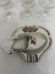 Dresden German Antique Ashtray And Pink rose Shoe Holder