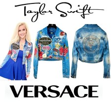 Versace Taylor Reputation Eras Short Denim Patch Concert Jacket 38 40 0 2 4 XS S