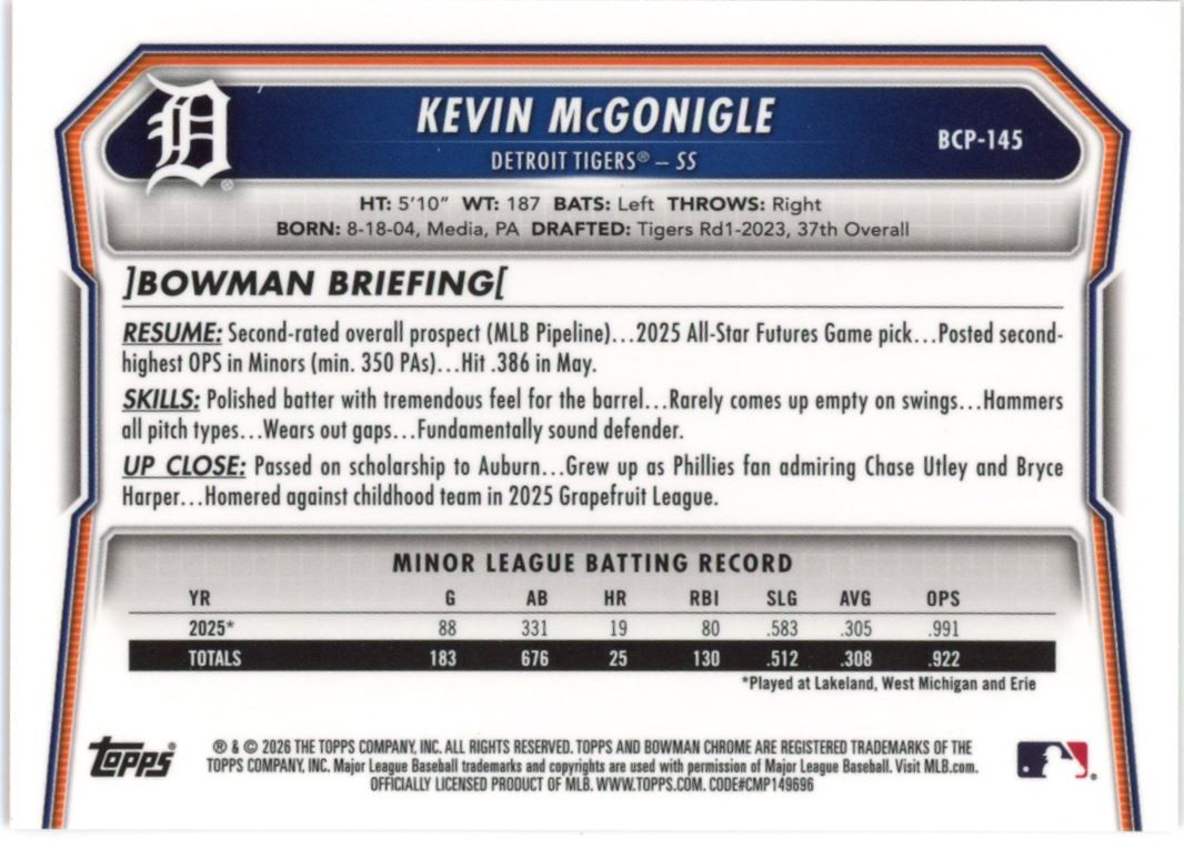 Kevin McGonigle 2026 Bowman Chrome ORANGE Mojo Refractor 25/25 #BCP-145 Astros view 2