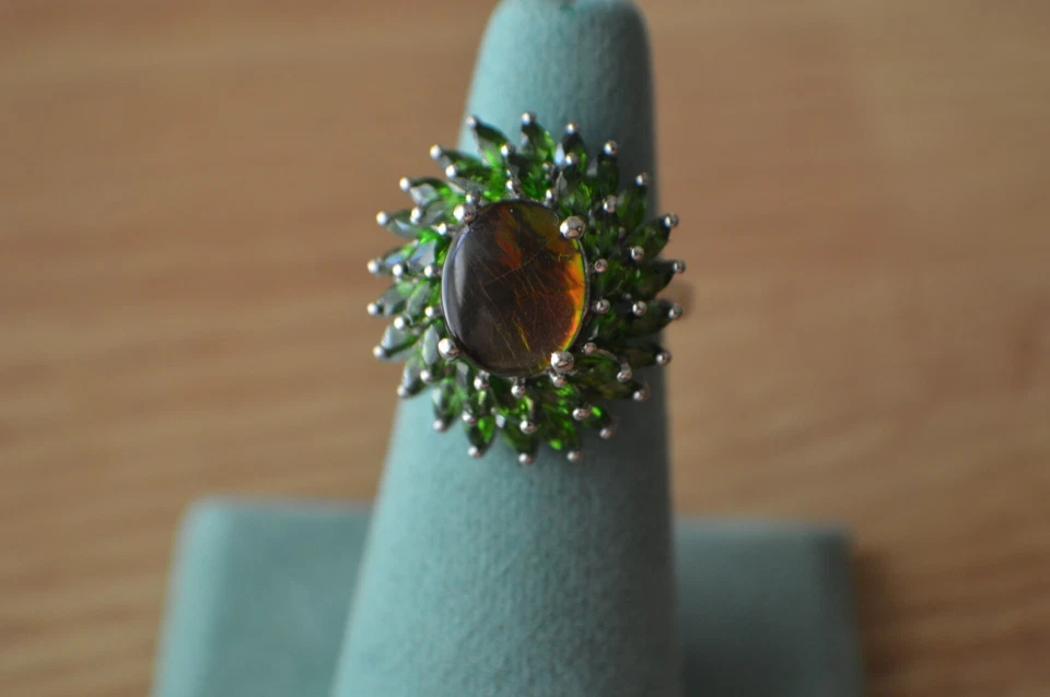 Anillo de cóctel canadiense ammolita/diopsido cromado platino sobre plata fina talla 6 Foto 2 de 4