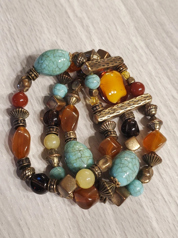 PREMIER DESIGNS Vintage Look Faux Turquoise Bronze Tone, Glass Beaded Bracelet B - Image 3 of 4