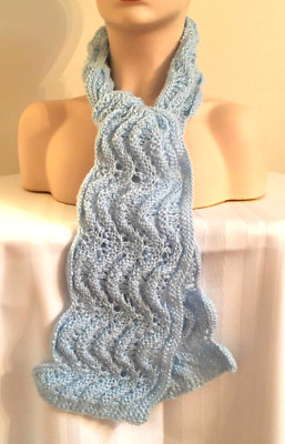 LIGHT BLUE SCARF NECK WARMER NEW HAND KNITTED LACE PATTERN SCALLOPED EDGES 58 