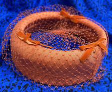 Vintage "church lady" orange pillbox hat open top w/ 3 bows and veil netting