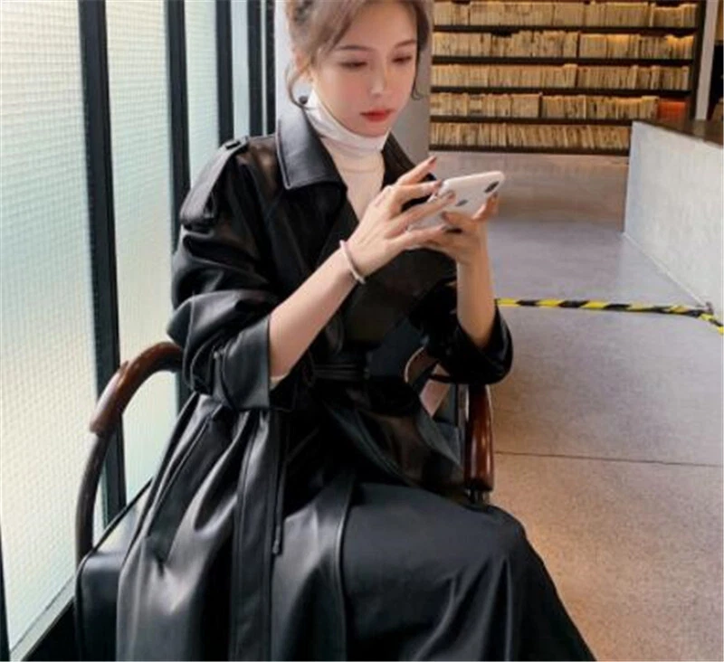 Chic Mujer Genial Largo Largo Motocicleta Cuero Abrigo Abrigo Maxi Chaqueta Foto 4 de 4