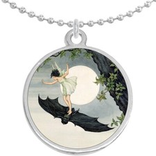 Girl Riding Bat Art Nouveau Round Pendant Necklace Beautiful Fashion Jewelry