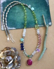 $350 Multi Gemstones Sundance Charm Sterling Silver Handmade Artisan Necklace