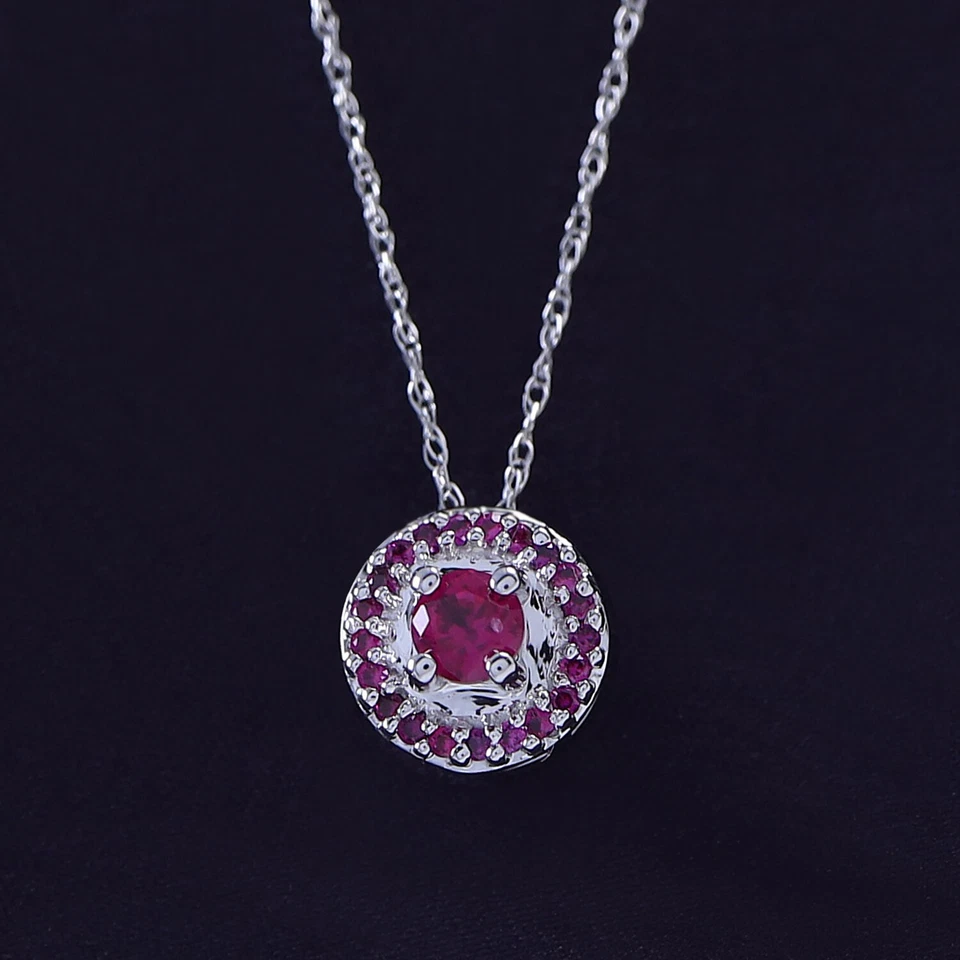 Collar Colgante Halo Zafiro Rosa Simulado en Oro Sólido 10K con Cadena de 18" Foto 2 de 4