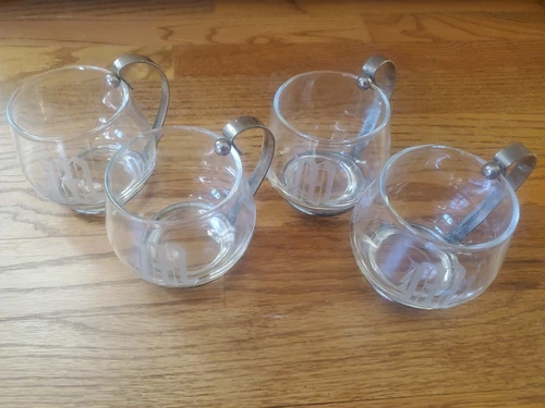 Vintage Set of 4 Unbranded Cocktail Glasses w/ Metal Handles Etched "M" 6oz
