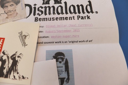 Banksy signed tenner & dismaland stamp + Original postcard 2015 from WSM Lils80 - Picture 10 of 16