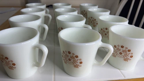 Vtg Pyrex Coffee Cups Mugs Summer Impressions Ginger Brown Flowers Set 12