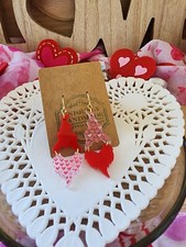 Dangle/drop heart earrings Valentines Day. Pink and red Gnome heart nose.