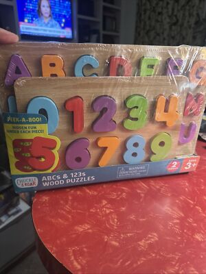 Pack of 2 Chuckle & Roar ABCs & 123s Wood Puzzles Alphabet & Numbers NEW SEALED