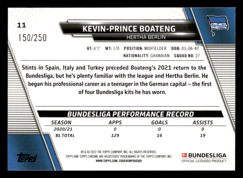 2021-22 Topps Chrome Bundesliga Kevin-Prince Boateng X-Fractor SN #11 ...
