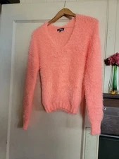 Sz Sm Bright Orange fuzzy Comfy Stretch Knit Sweater Vneck Cozy Cuddle 