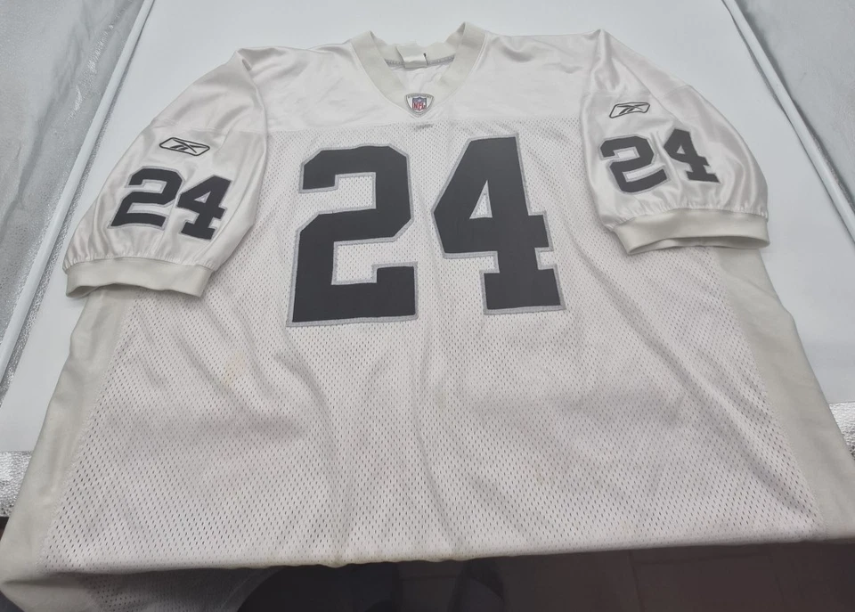 Camiseta Oakland Raiders Para Hombre Talla 60 Blanca Negra NFL Fútbol C. Woodson 24 Reebok Foto 3 de 4