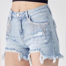 Risen Jeans Rhinestone Chain Fringe Distressed Denim Raw Hem Shorts RDS6046 XL
