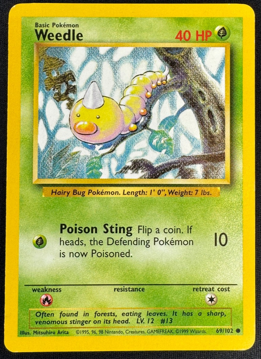 WEEDLE  69/102 MP COMMON BASE SET UNLIMITED POKEMON 1999