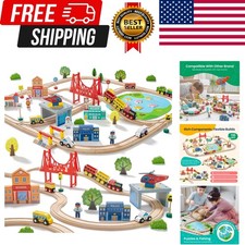 110PCS Wooden Train Set Toy Train with Tracks for Kids Ages 3-7, Compatible...