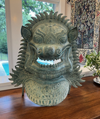 Vintage Thai Bronze Singha Lion Mask Statue 17'' Large Mythical Guardian Dragon