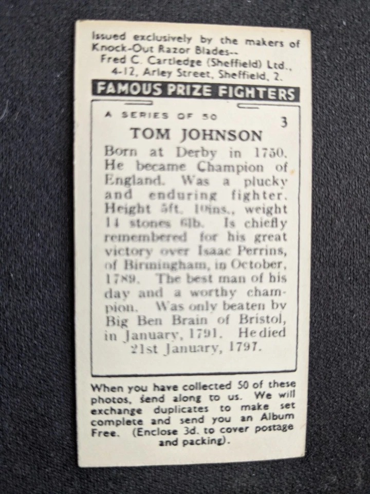 1938 Cartledge Famous Prize Fighter Card # 3 Tom Johnson HOF (EX) - Image 2 of 3