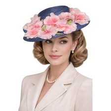 VTG 1940s Navy Straw Wide Brim Hat Pink Florals USO Glam Church Garden Decor