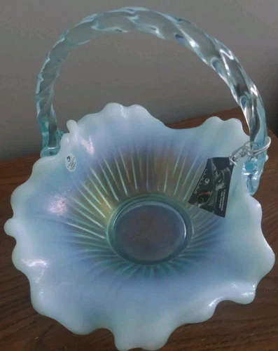 Rare Vtg Fenton 100th Anniversary Aqua Opalescent Basket July 2005 Original Tags
