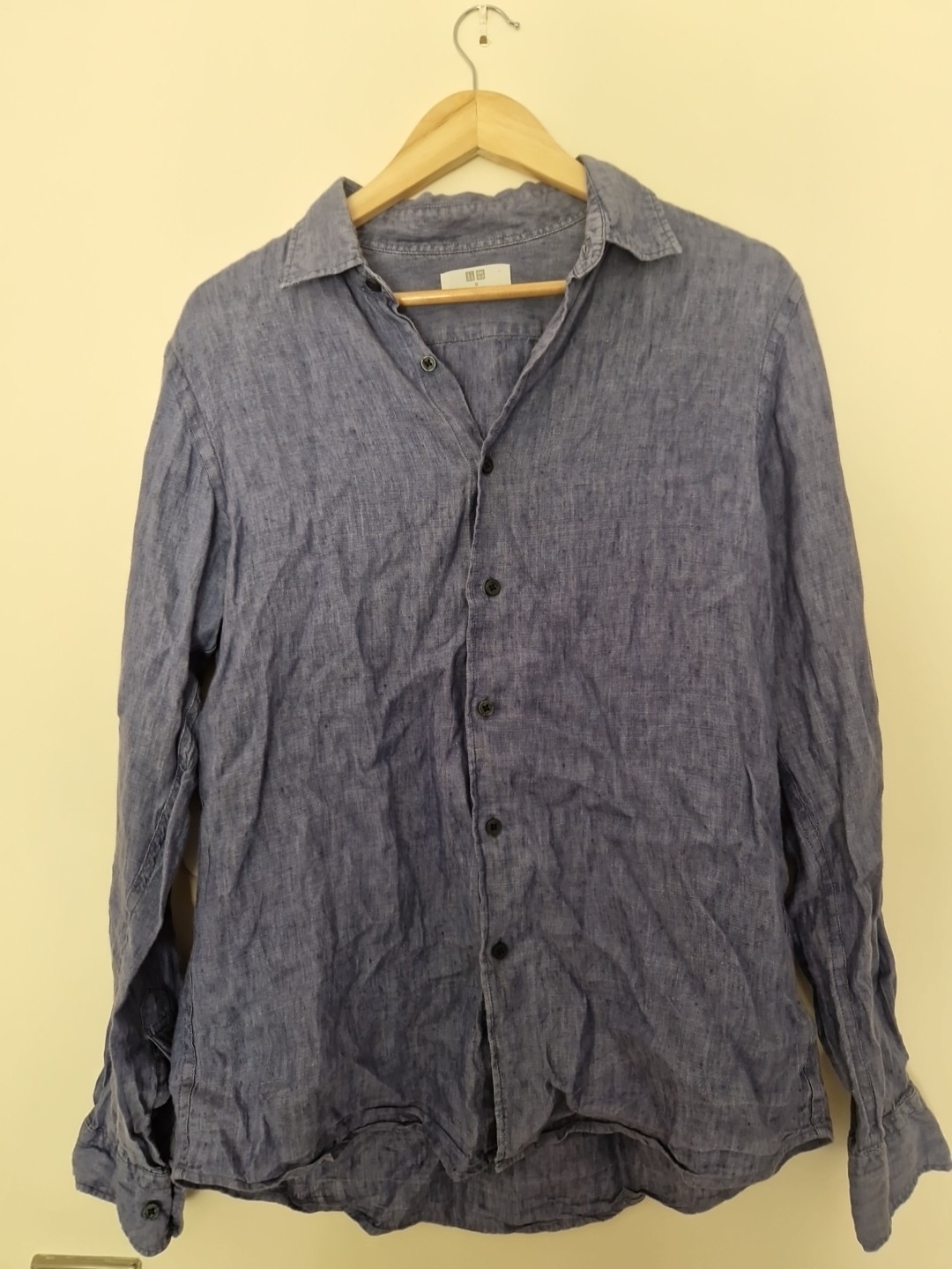 Uniqlo Men's Linen Shirt Medium Navy Excellent Condition Long Sleeve
