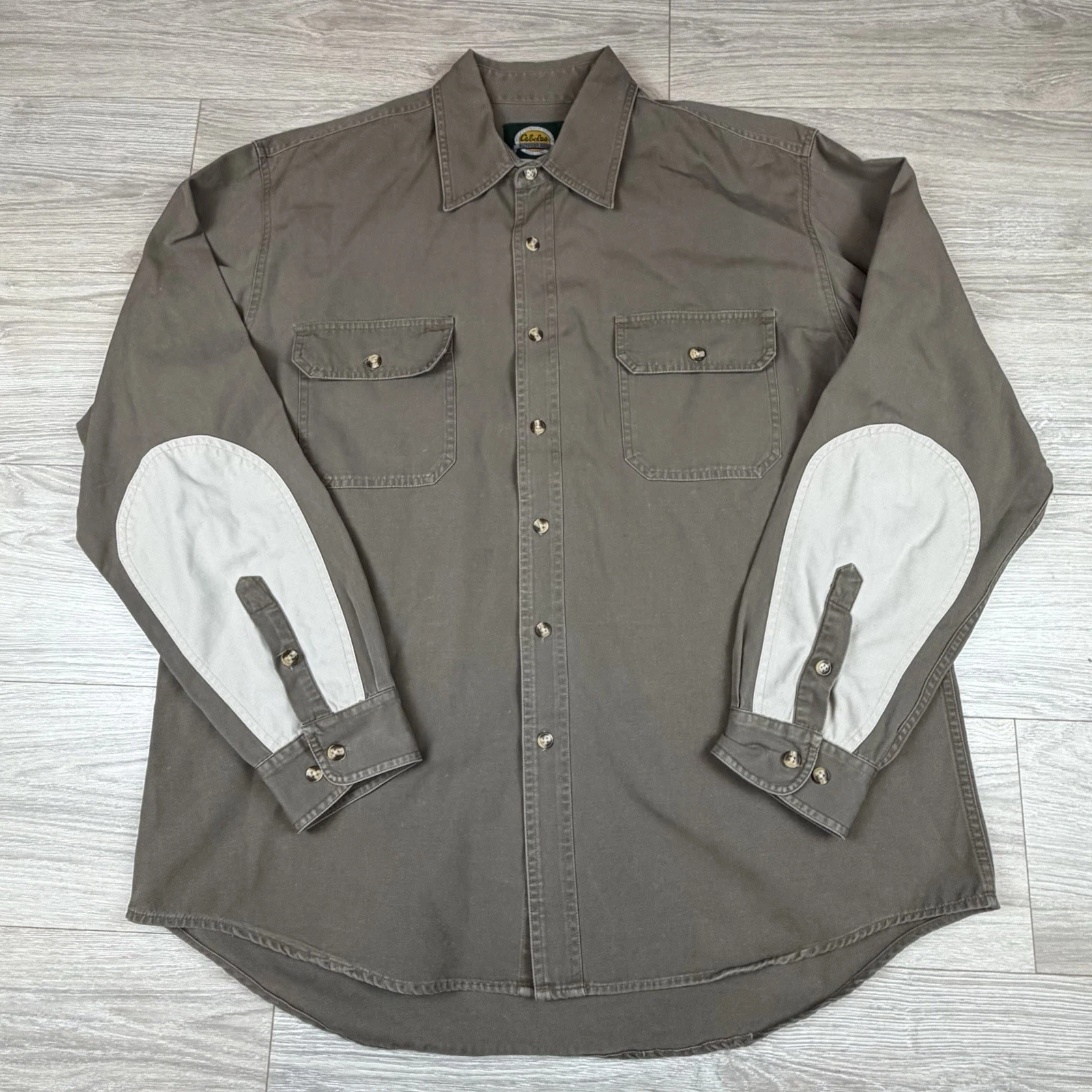 Vintage 90s Cabelas Beige Long Sleeve Button Up Arm Patches Canvas Cotton Sz XL