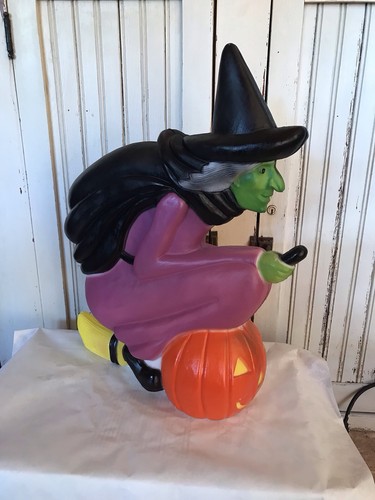 Vintage Blow Mold Purple Witch On Broom With Pumpkin Don Featherstone Very Good