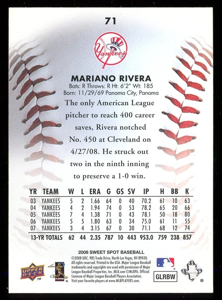 2008 UPPER DECK SWEET SPOT #71 MARIANO RIVERA YANKEES BASE NM FRONT BACK PICS UD - Image 2 of 2