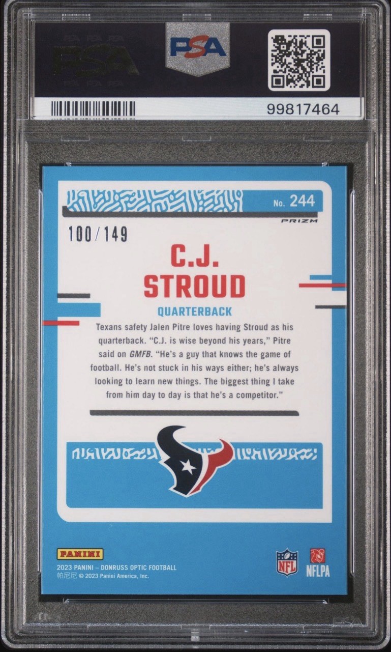 2023 Donruss Optic NFL CJ Stroud RC #244 TEXANS Rookie FLEX Prizm /149 PSA 9 view 2