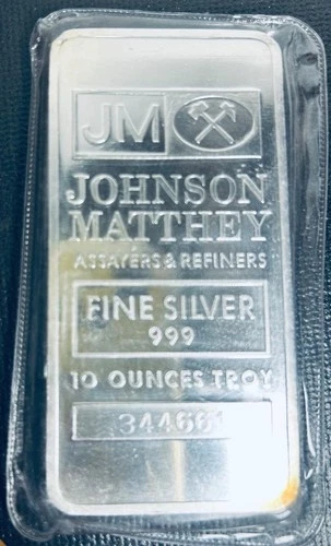 JM Johnson Matthey 10 T oz 999+ Fine Silver Bar Factory Sealed in Assay #344661
