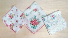 Set of Three Ladies Vintage Stamped Hankies / Handkerchiefs White with Trim