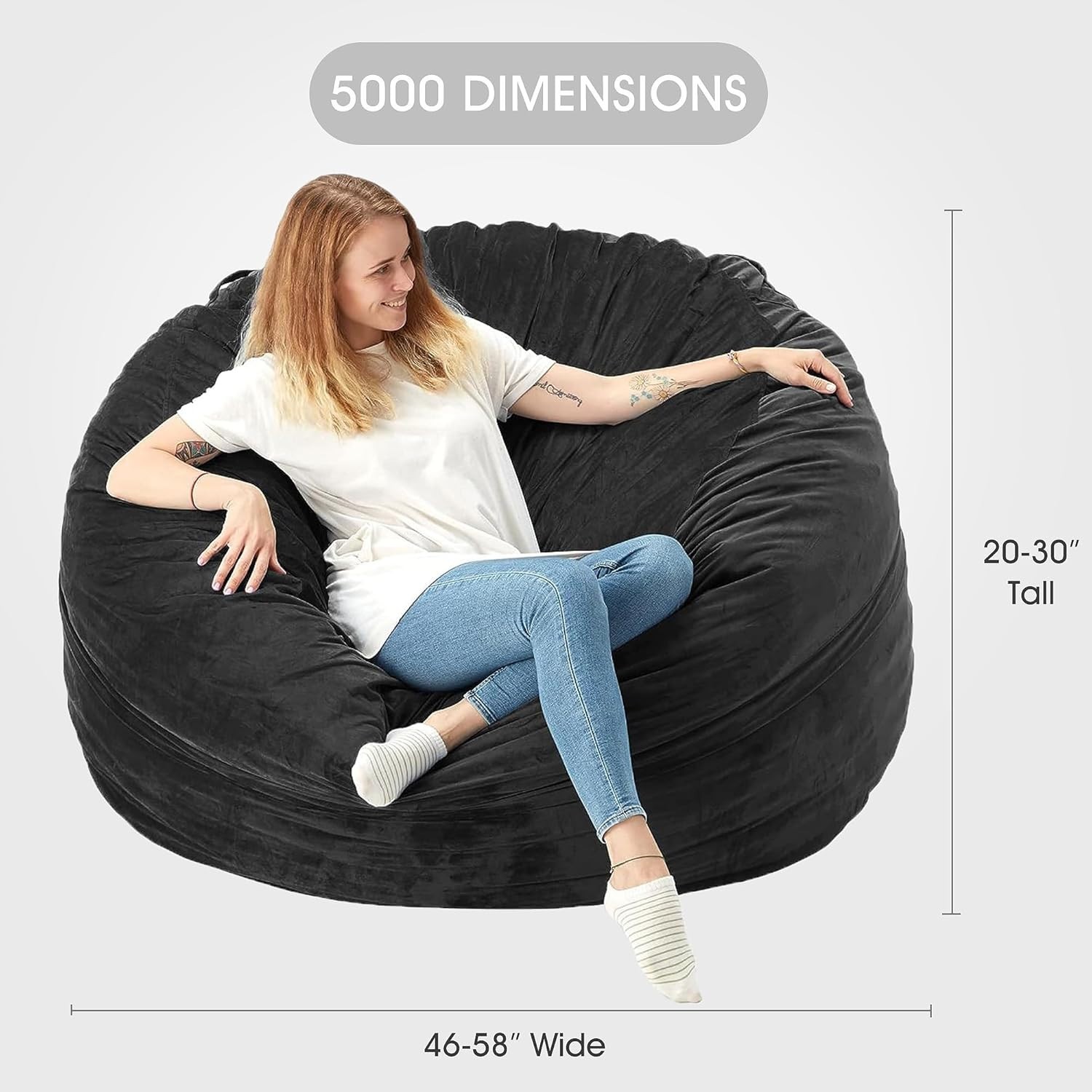 Giant 5ft Memory Foam Bean Bag Chair, Microfiber Cover, Black