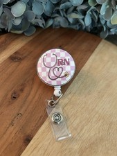 Rn Checker board Nurse Retractable ID Name Badge Holder Reel alligator clip pink