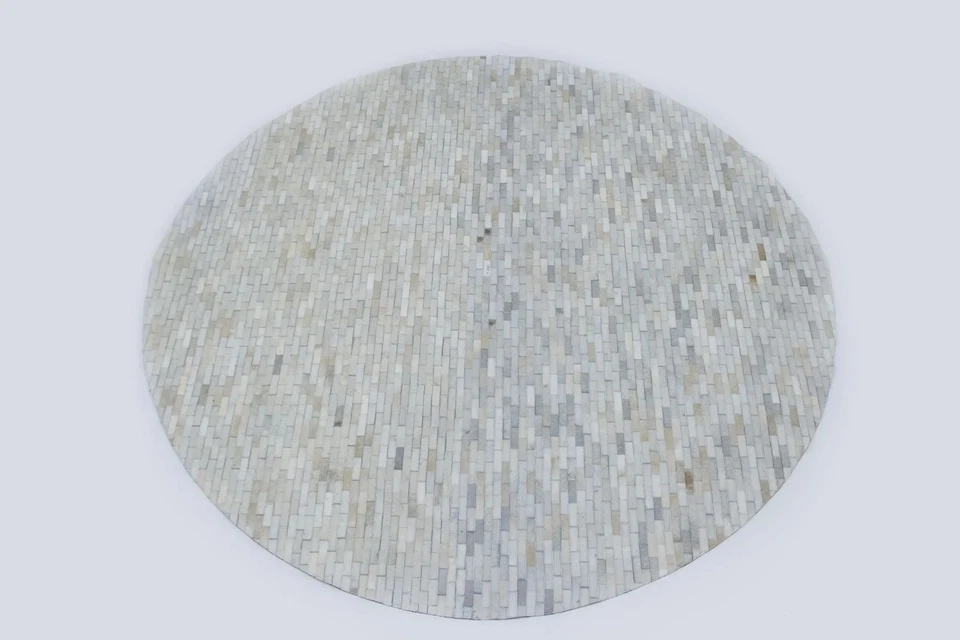 8X8 Hand-Crafted Beige and Brown Cowhide Leather Rug Round Modern Carpet - Image 2 of 4