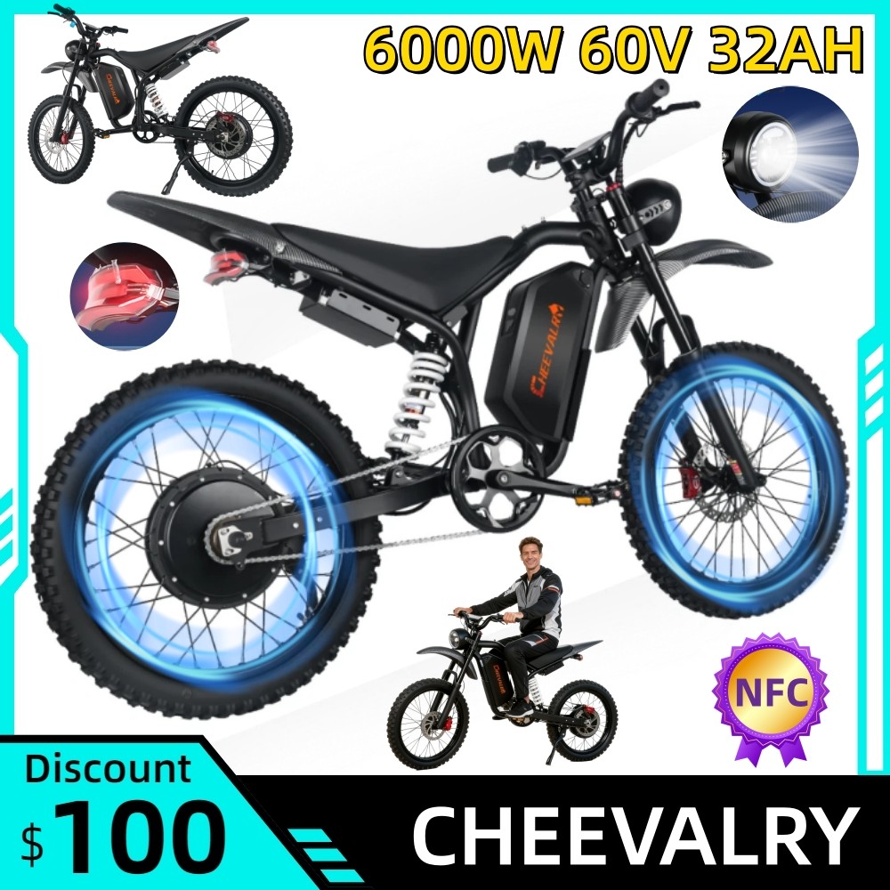 6000W Electric Dirt Bike E-Motorcycles 60V 32Ah 20" E-MoutainBike w/NFC 45MPH US