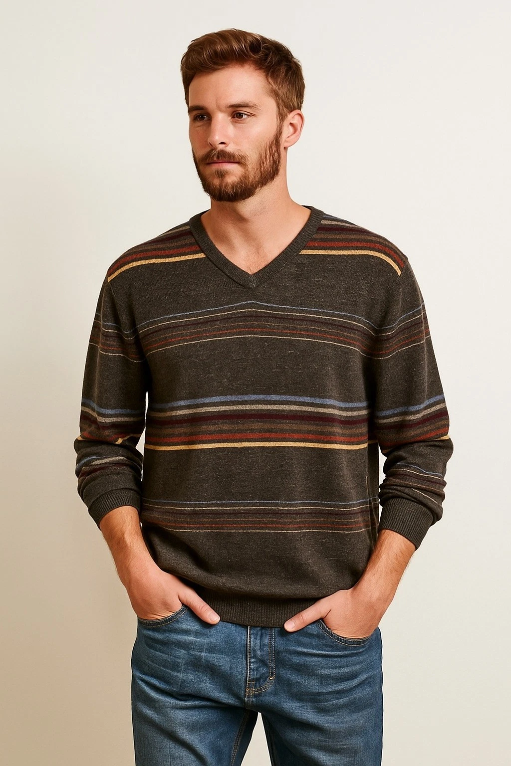 XXL men's sweater wool with a V-neck gray elegant design, Academia Winter Cosy
