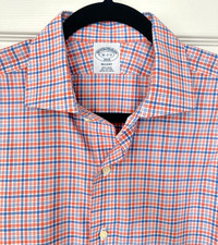 Brooks Brothers Regent 16-2/3 Orange Blue Check Cotton Dress Shirt Button Down