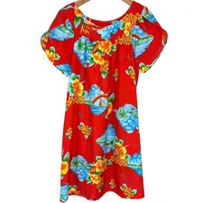 Vintage Hilo Hatties 80s Hawaiian Red Floral Muumuu Beach Coverup Mini Dress OS