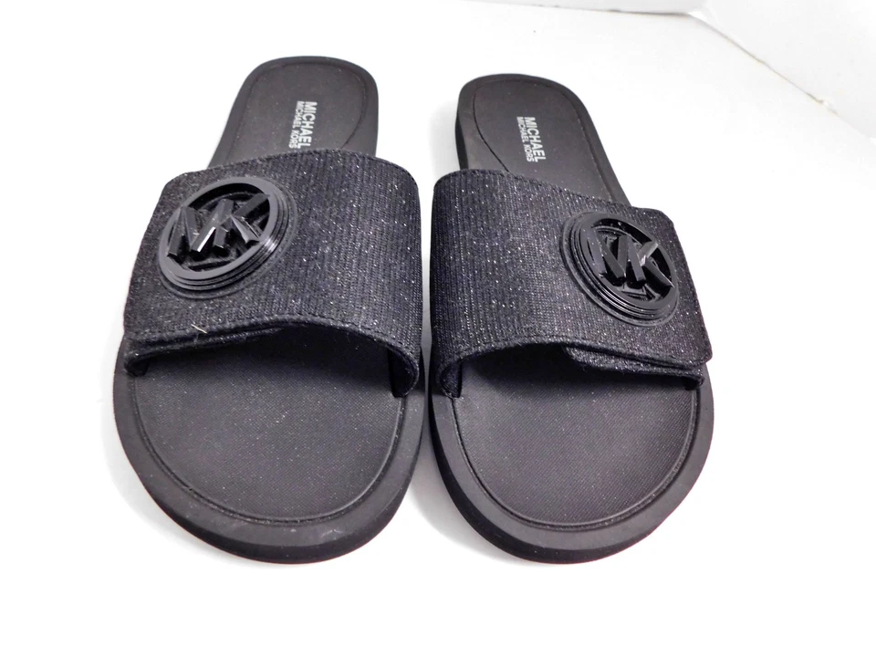 Sandalias MICHAEL KORS MK Charm Logo Talla Brillo Negras Para Mujer 6 M NUEVAS Foto 2 de 4