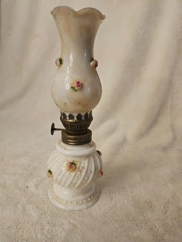Vintage Miniature Hobnail Milk Glass Oil Lamp Applied Pink Roses Scalloped Wick