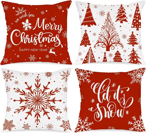 Kissenbezug 40X40 Cm Weiß Rot Schneeflocken Weihnachtskissen Deko FüR Sofa-image